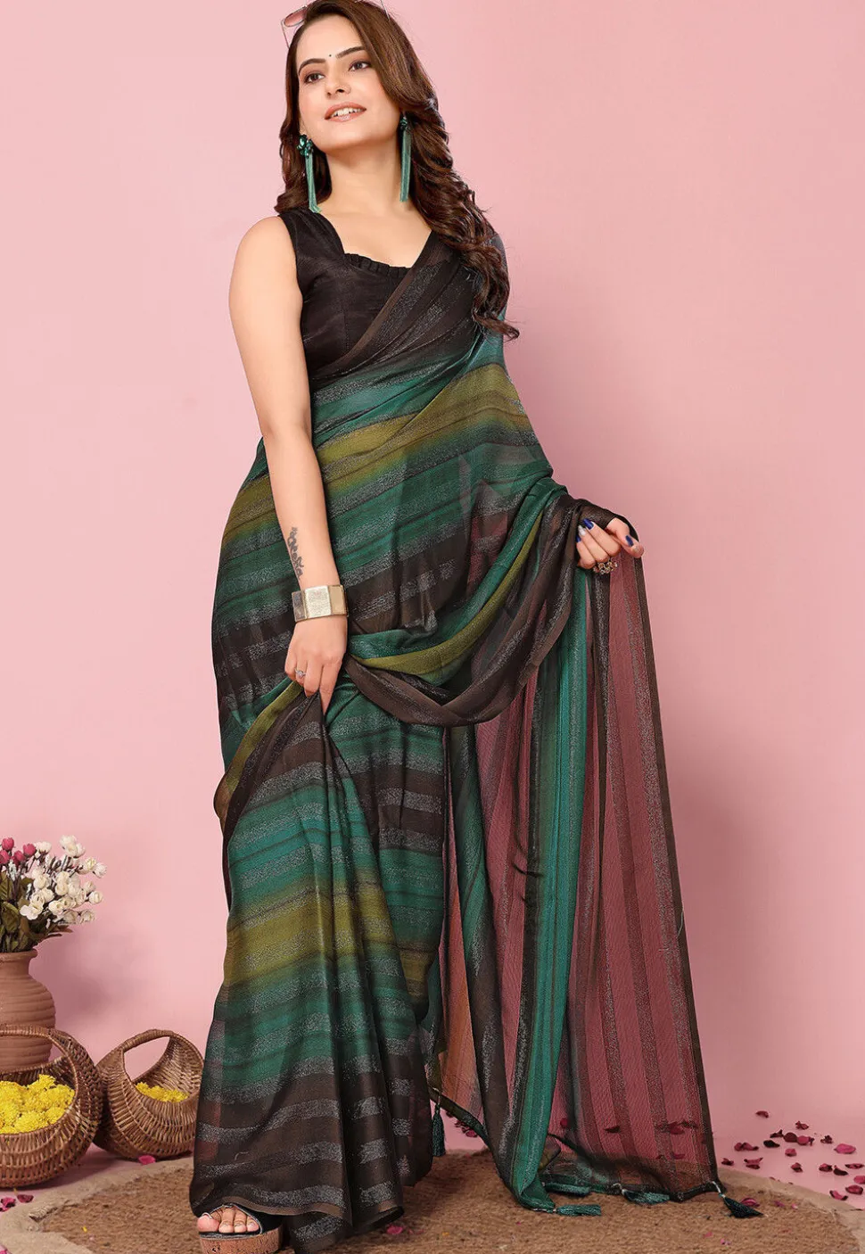 Pre Stitched Art Silk Saree in Green