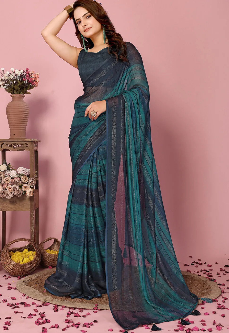 Pre Stitched Art Silk Saree in Teal Blue