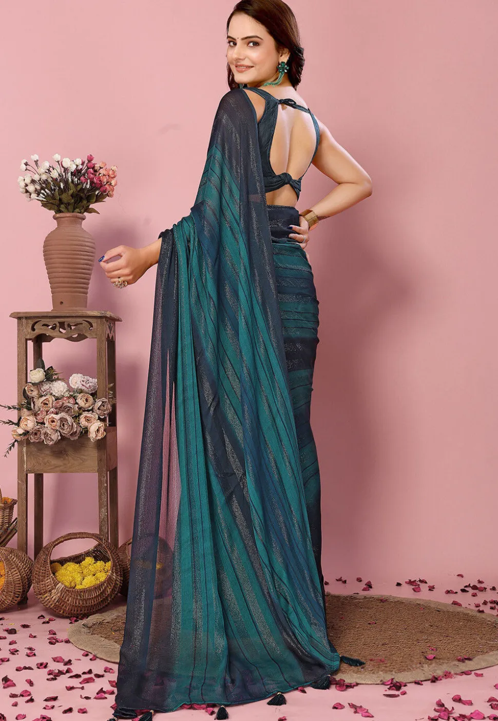 Pre Stitched Art Silk Saree in Teal Blue