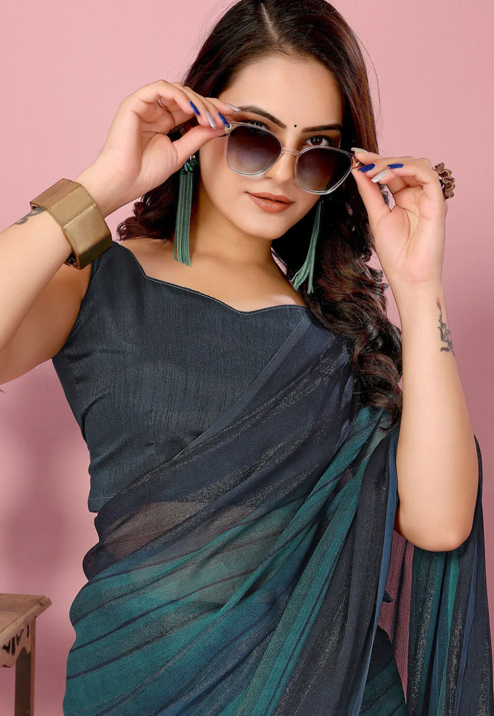 Pre Stitched Art Silk Saree in Teal Blue