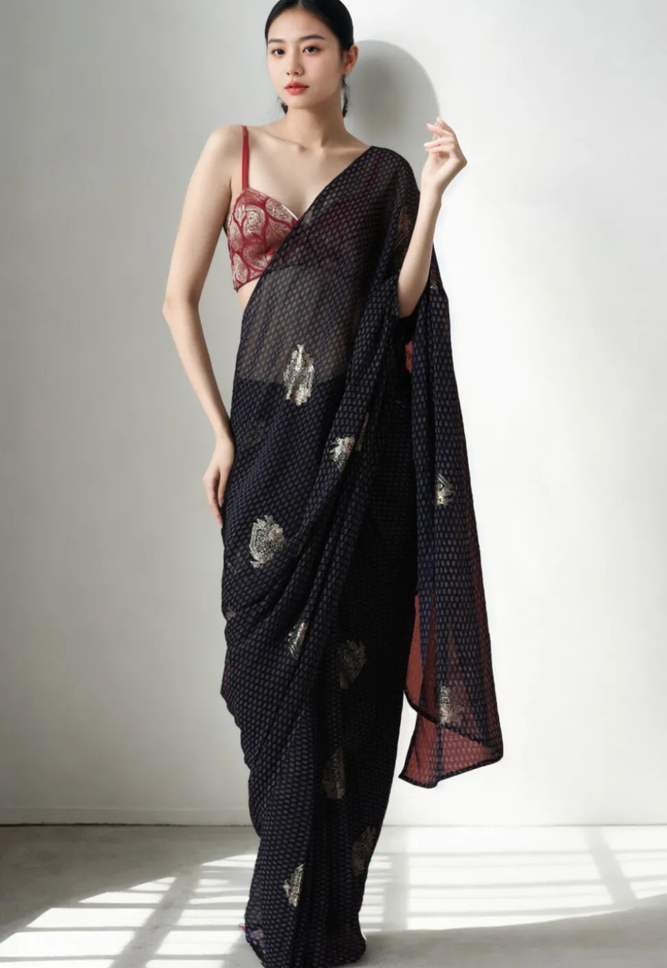 Pre Stitched Art Silk Saree in Navy Blue