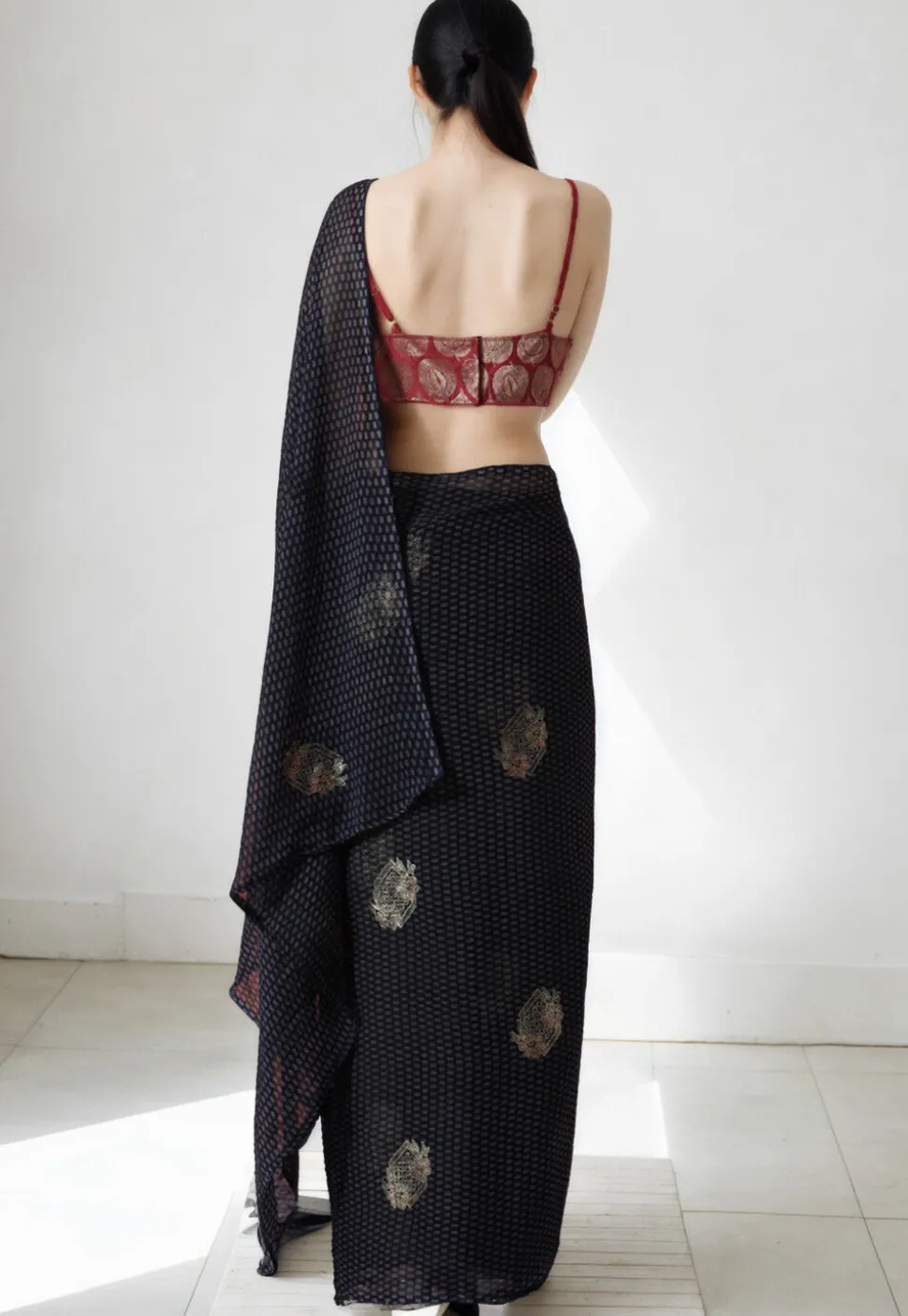 Pre Stitched Art Silk Saree in Navy Blue