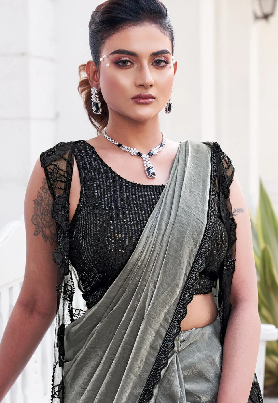 Pre Stitched Art Silk Saree in Grey