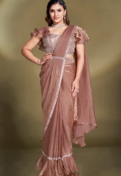 Pre Stitched Art Tissue Silk Saree in Brown