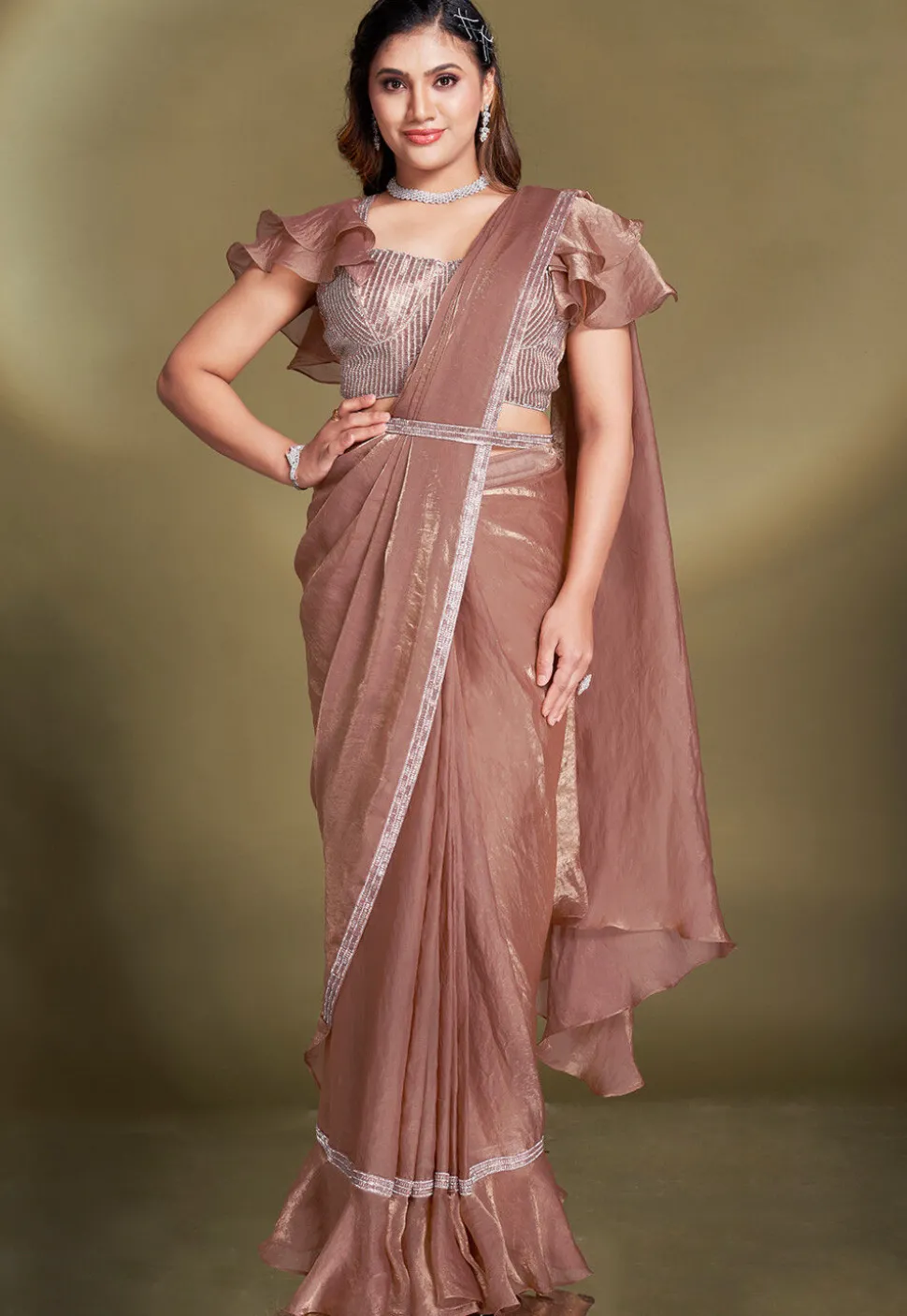 Pre Stitched Art Tissue Silk Saree in Brown