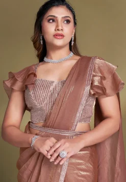 Pre Stitched Art Tissue Silk Saree in Brown