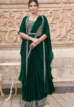 Pre Stitched Chiffon Saree in Dark Green