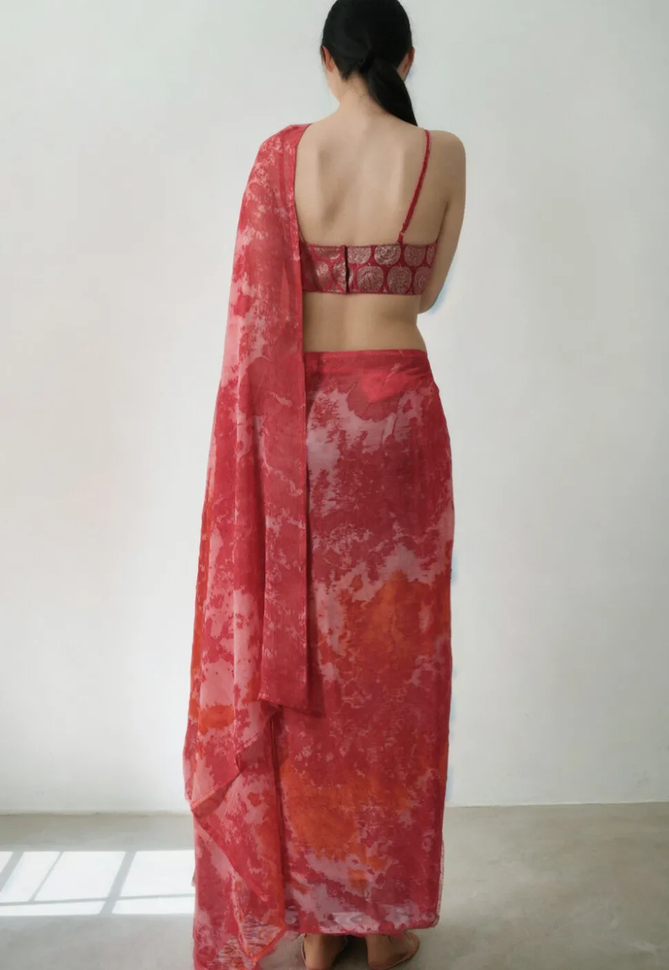 Pre Stitched Chiffon Saree in Red and Pink