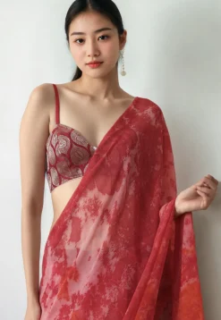 Pre Stitched Chiffon Saree in Red and Pink