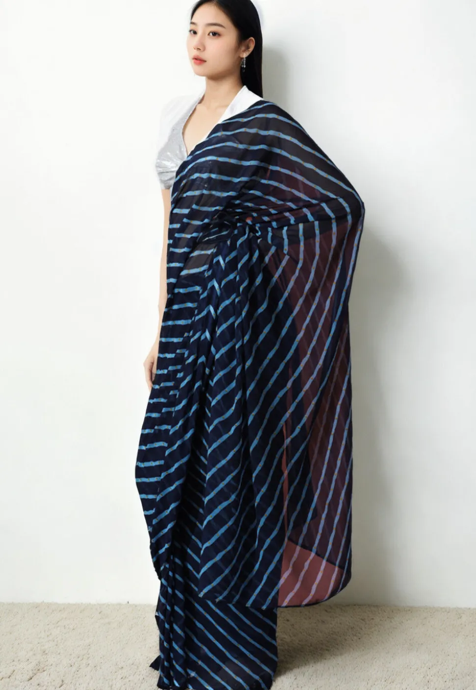 Pre Stitched Chiffon Saree in Dark Blue