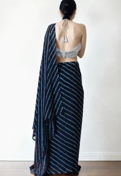 Pre Stitched Chiffon Saree in Dark Blue