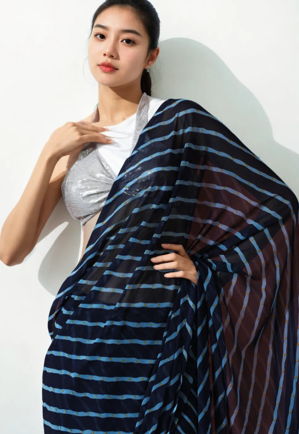 Pre Stitched Chiffon Saree in Dark Blue