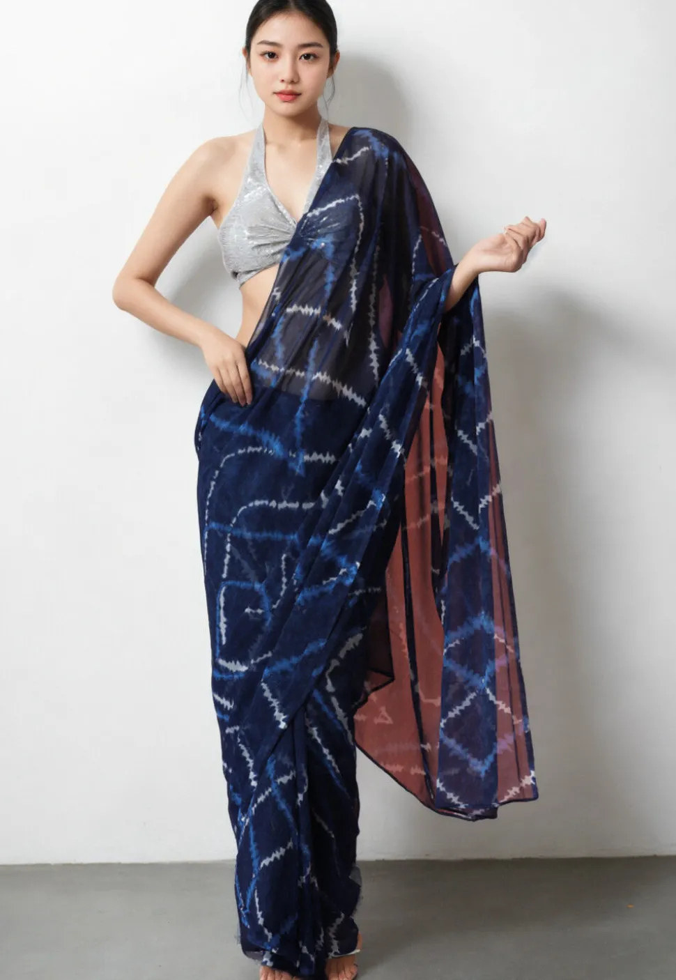 Pre Stitched Chiffon Saree in Navy Blue