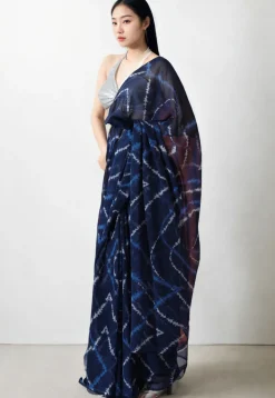 Pre Stitched Chiffon Saree in Navy Blue