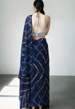 Pre Stitched Chiffon Saree in Navy Blue