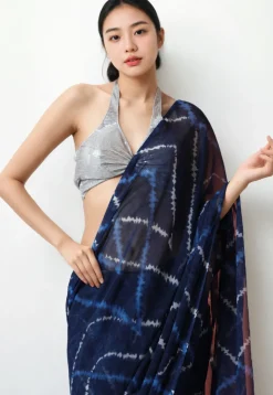 Pre Stitched Chiffon Saree in Navy Blue