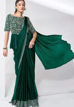 Pre Stitched Chiffon Saree in Dark Green