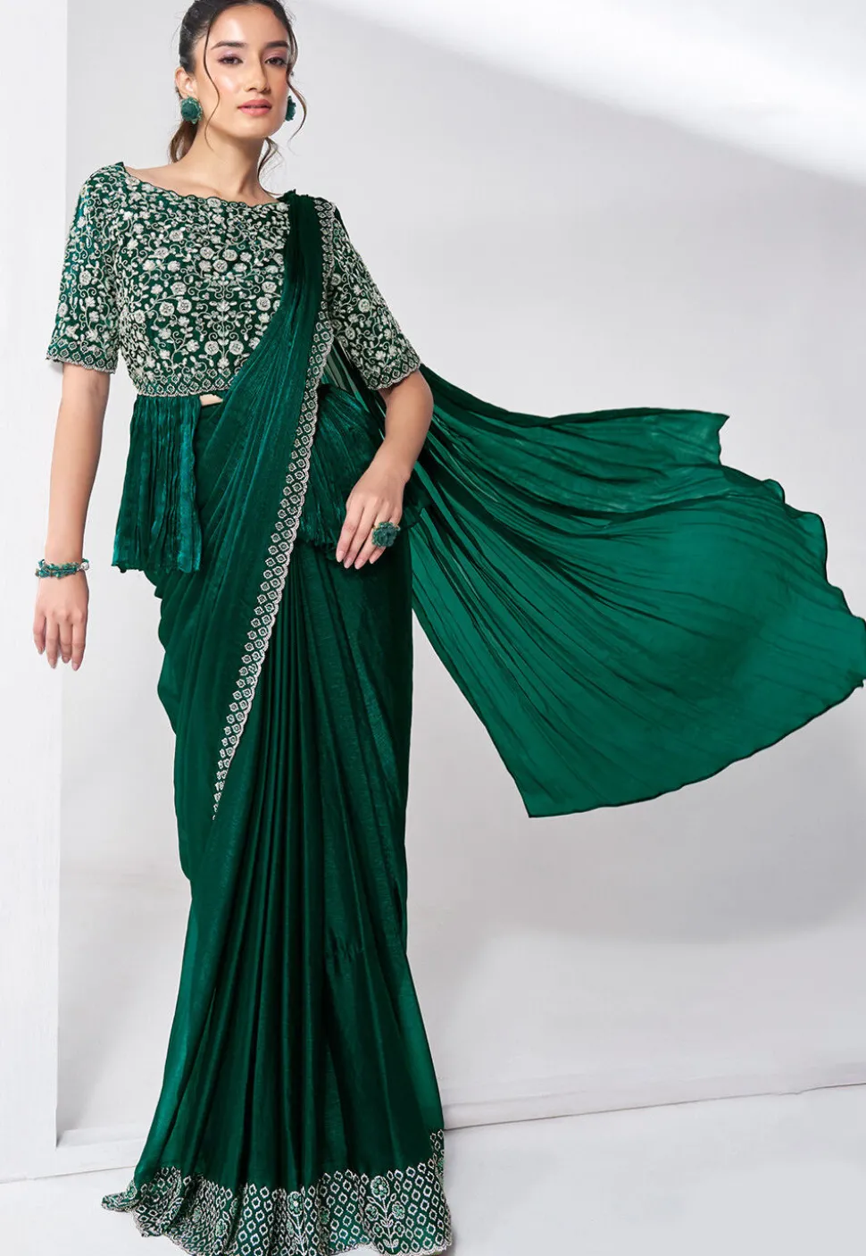 Pre Stitched Chiffon Saree in Dark Green