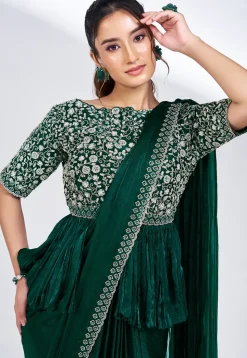 Pre Stitched Chiffon Saree in Dark Green