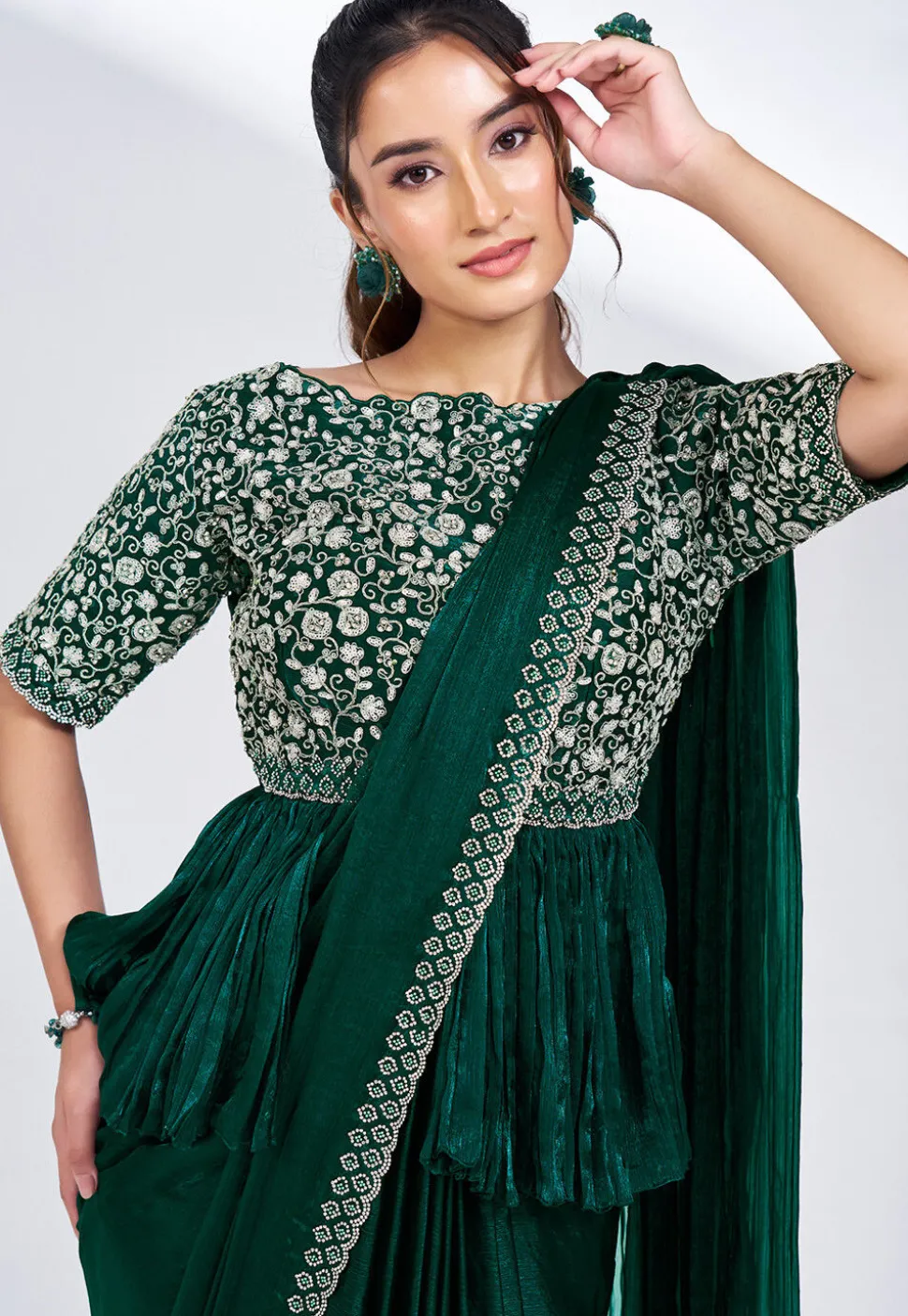 Pre Stitched Chiffon Saree in Dark Green
