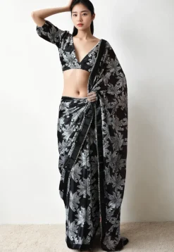 Pre Stitched Chinon Chiffon Saree in Black