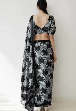 Pre Stitched Chinon Chiffon Saree in Black