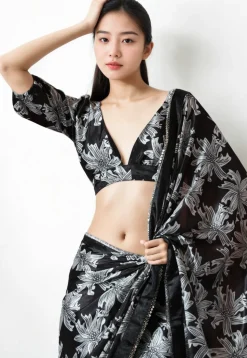 Pre Stitched Chinon Chiffon Saree in Black