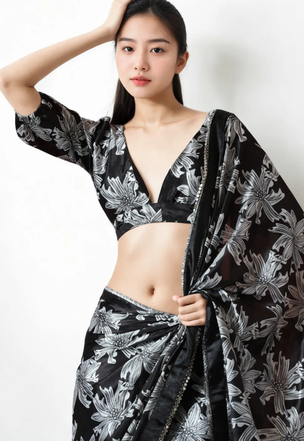 Pre Stitched Chinon Chiffon Saree in Black