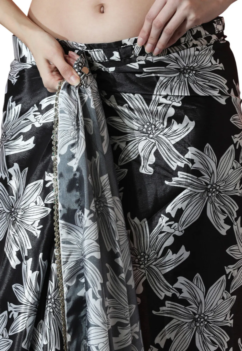 Pre Stitched Chinon Chiffon Saree in Black