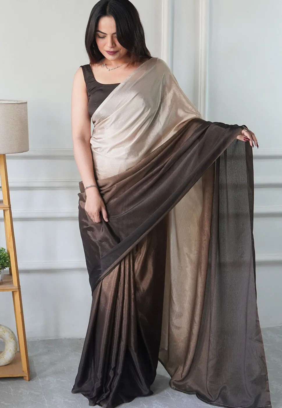 Pre Stitched Chinon Chiffon Saree in Brown Ombre