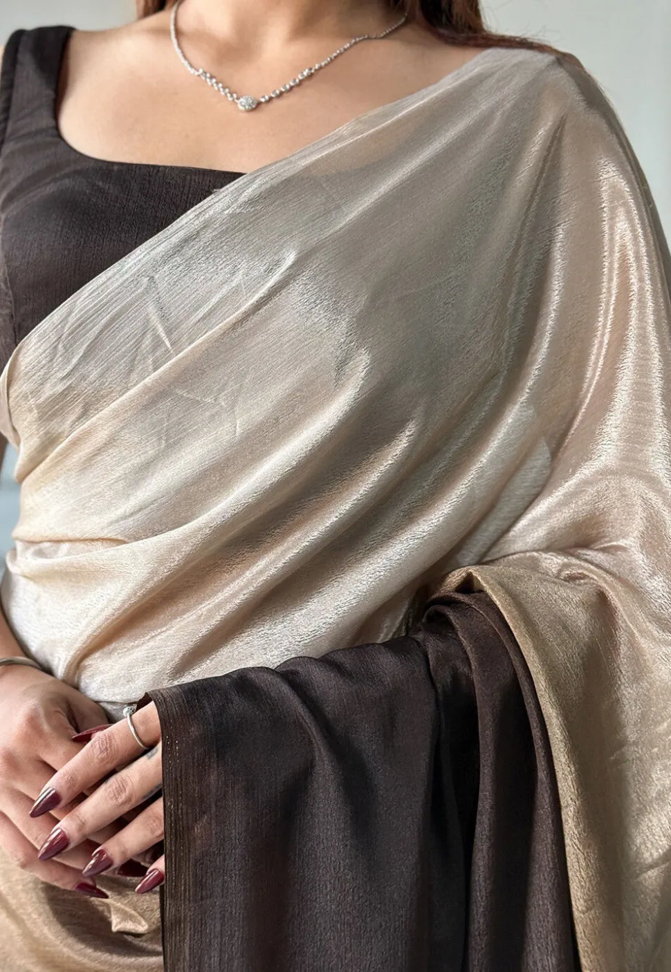 Pre Stitched Chinon Chiffon Saree in Brown Ombre
