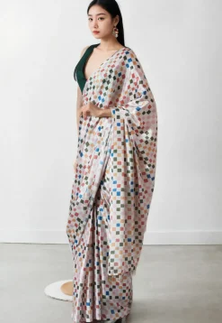 Pre Stitched Chinon Chiffon Saree in Off White