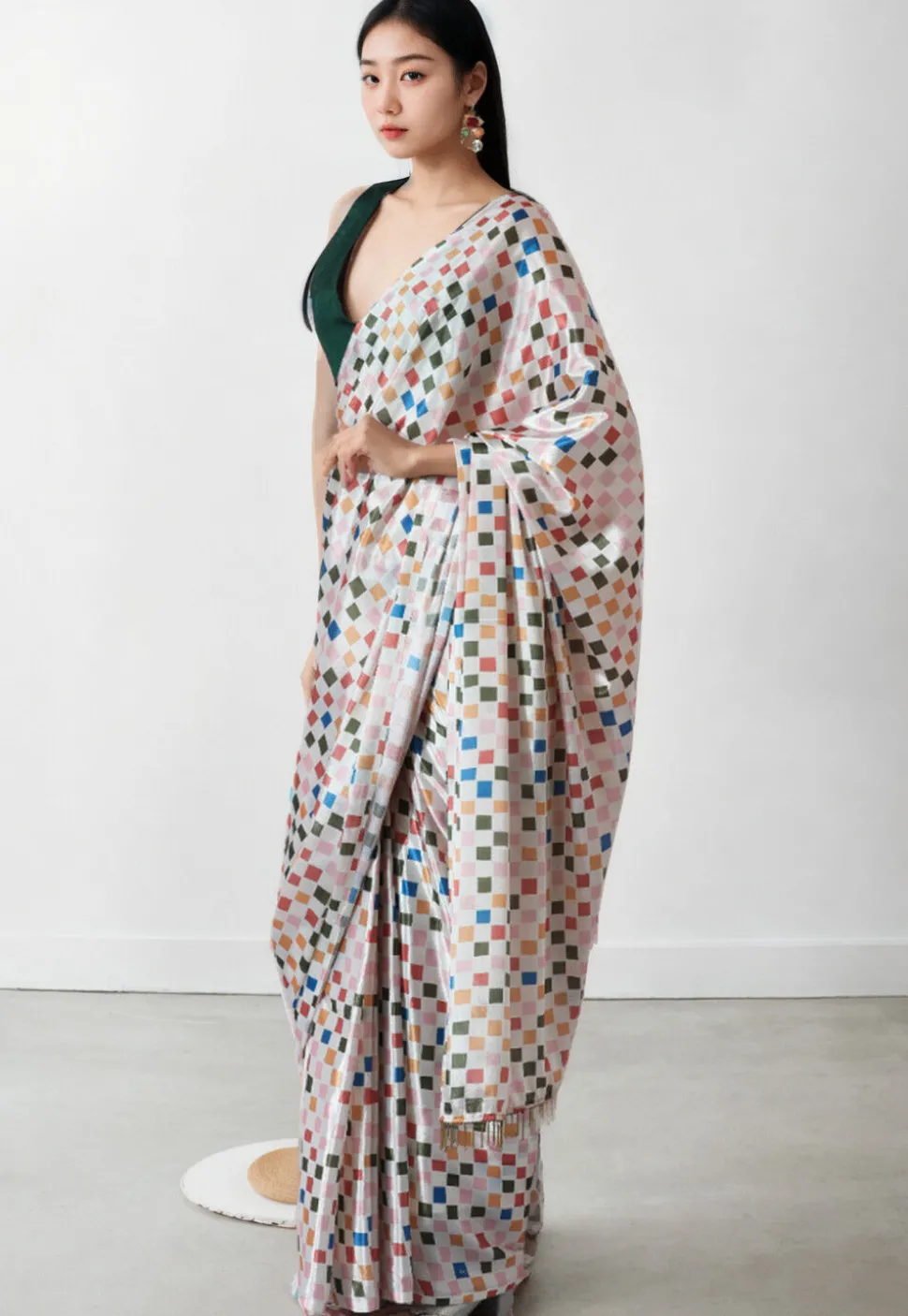 Pre Stitched Chinon Chiffon Saree in Off White