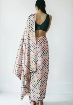 Pre Stitched Chinon Chiffon Saree in Off White