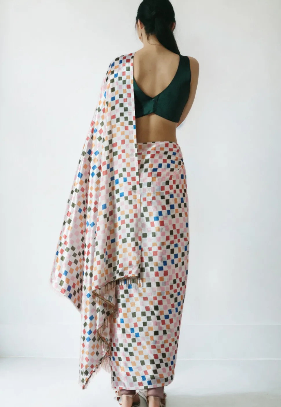 Pre Stitched Chinon Chiffon Saree in Off White