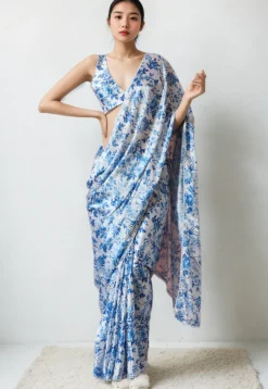 Pre Stitched Chinon Chiffon Saree in White