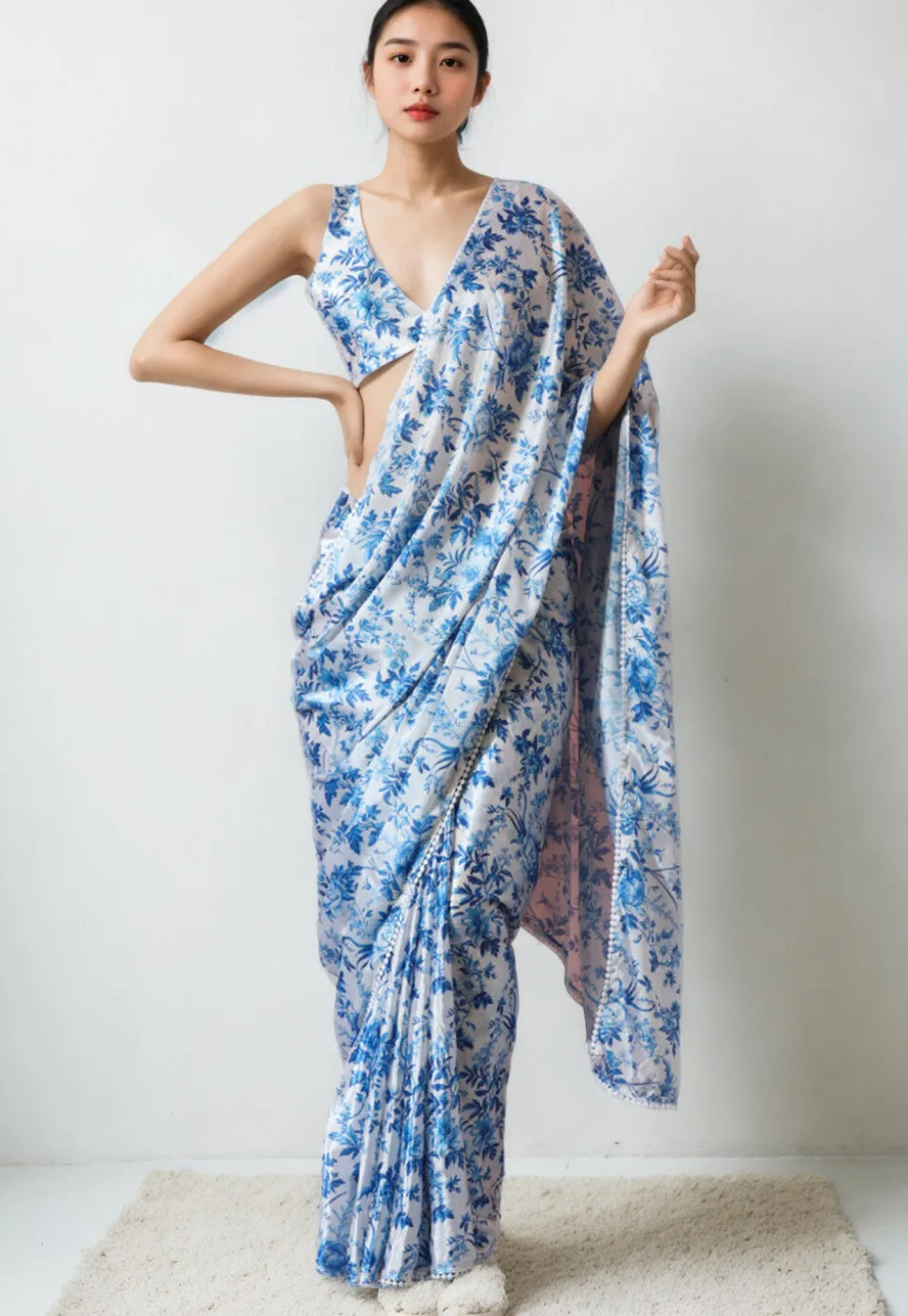 Pre Stitched Chinon Chiffon Saree in White