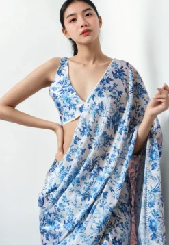 Pre Stitched Chinon Chiffon Saree in White