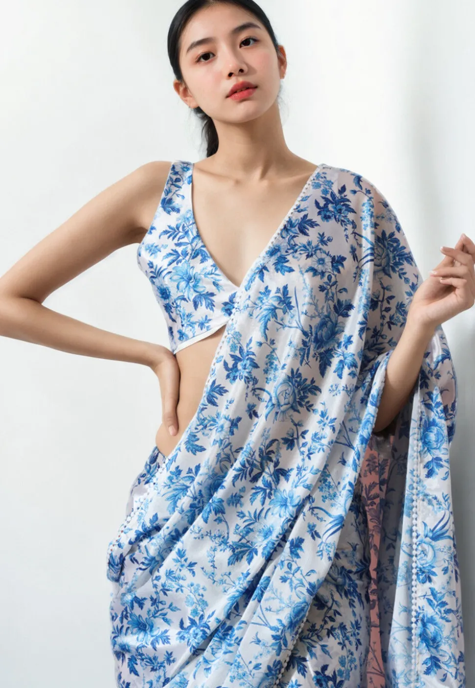 Pre Stitched Chinon Chiffon Saree in White