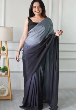 Pre Stitched Chinon Chiffon Saree in Grey Ombre