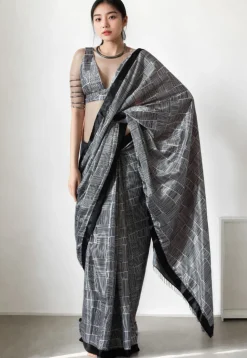 Pre Stitched Chinon Chiffon Saree in Black and White