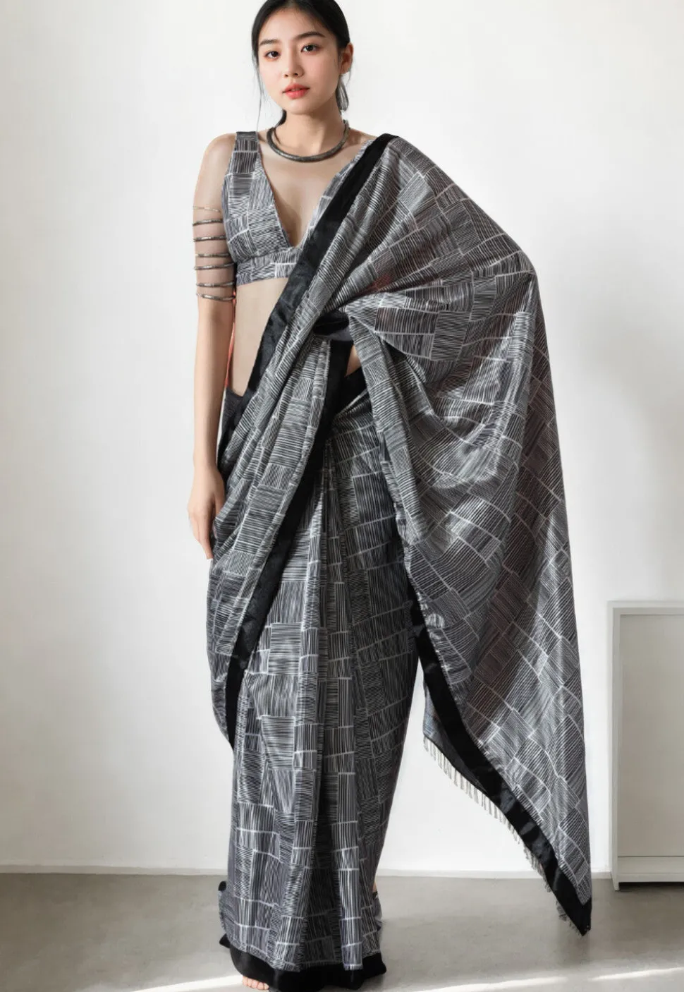 Pre Stitched Chinon Chiffon Saree in Black and White