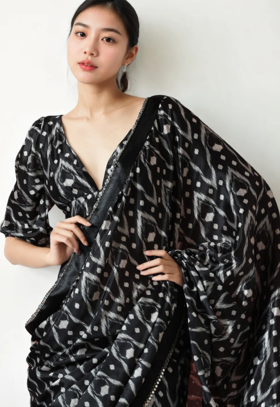 Pre Stitched Chinon Chiffon Saree in Black