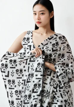 Pre Stitched Chinon Chiffon Saree in Off White