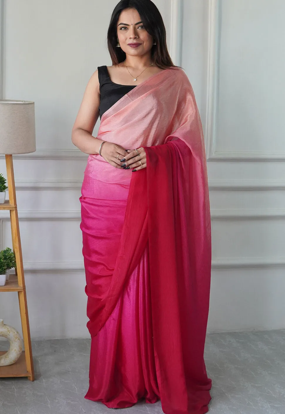 Pre Stitched Chinon Chiffon Saree in Pink Ombre