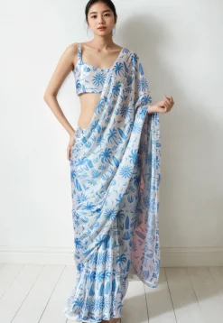 Pre Stitched Chinon Chiffon Saree in White