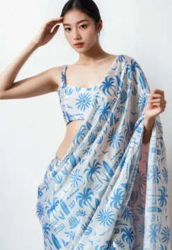 Pre Stitched Chinon Chiffon Saree in White