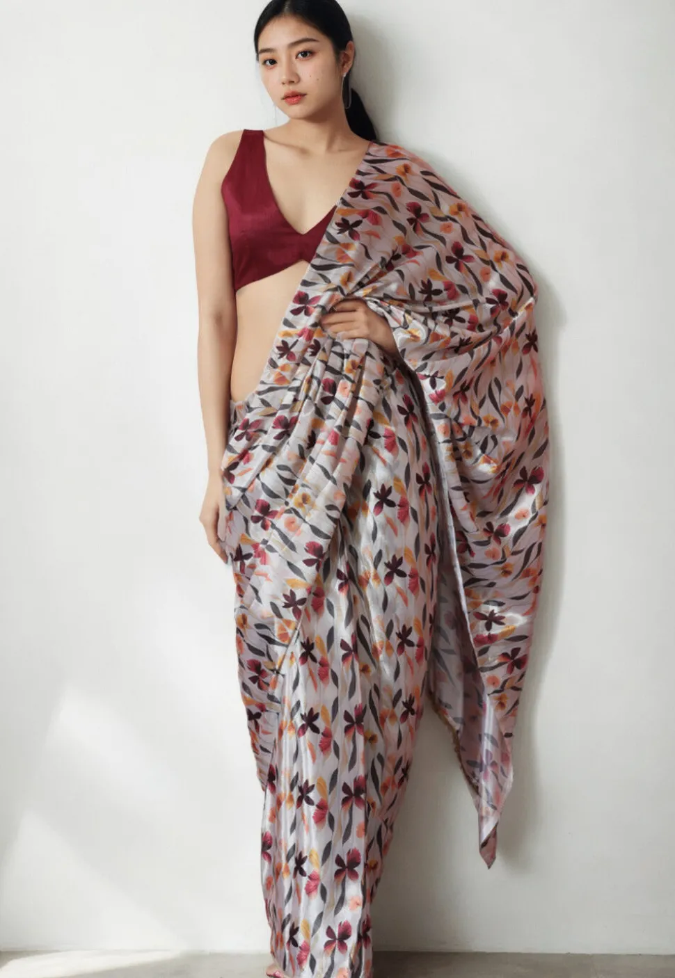 Pre Stitched Chinon Chiffon Saree in Off White