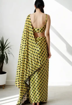 Pre Stitched Chinon Chiffon Saree in Yellow