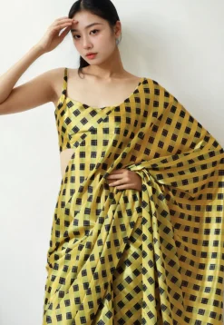 Pre Stitched Chinon Chiffon Saree in Yellow